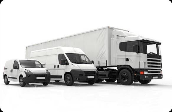 Ilustrasi armada logistik berupa van dan truk putih